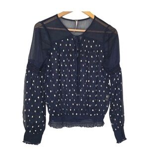 FP Sheer Navy with white Polka Dots long sleeve Peasant Blouse, sz XS